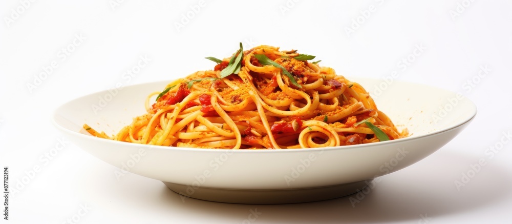 Poster Spaghetti dish highlighted against a white background with copy space image available.