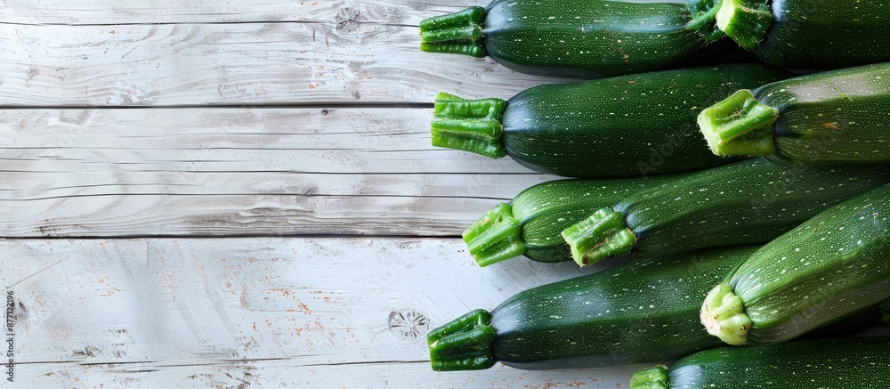 Poster zucchini arranged on a background of white wood with copy space image.