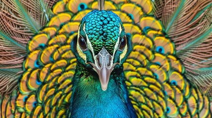 Fototapeta premium A tight shot of a peacock's blue-and-yellow feathers against its body