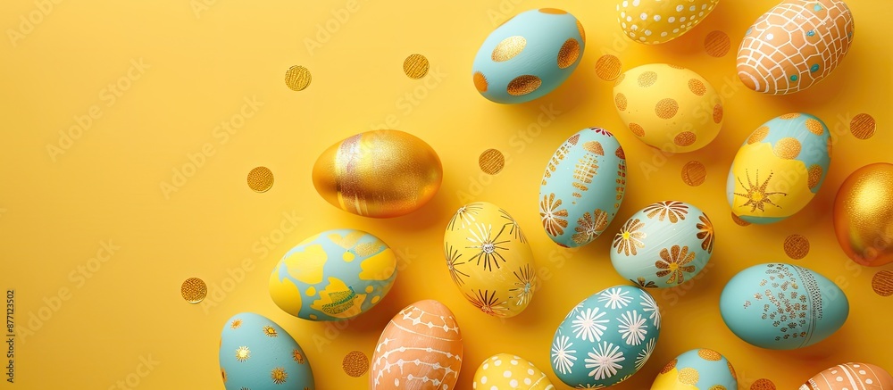 Aufkleber Top view flat lay composition with Easter eggs colored and decorated with gold on yellow paper, creating a festive and happy concept with room for text in the copy space image.