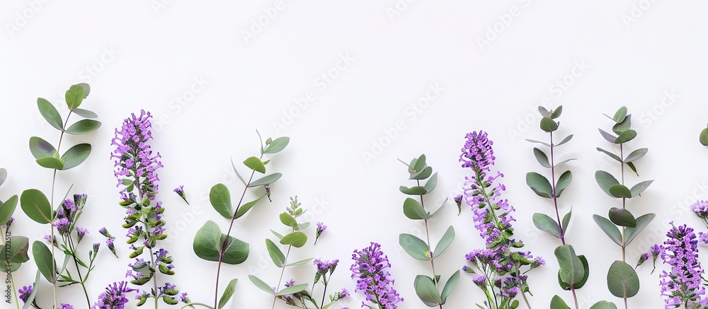 Fototapete purple flowers and eucalyptus leaves on a white background create a floral arrangement in a flat lay
