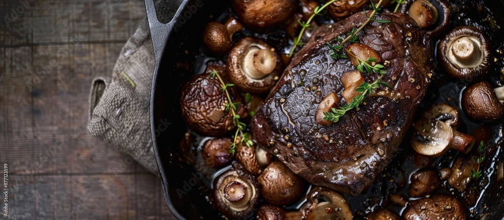 Aufkleber venison fillet, roasted with thyme and garlic mushrooms, presented in a skillet against a rustic bac