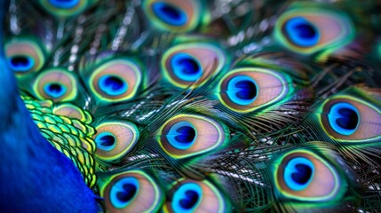 Obraz premium A tight shot of a peacock's feathers, its tail fan unfurled, displaying the vibrant hues of the peacock's plumage