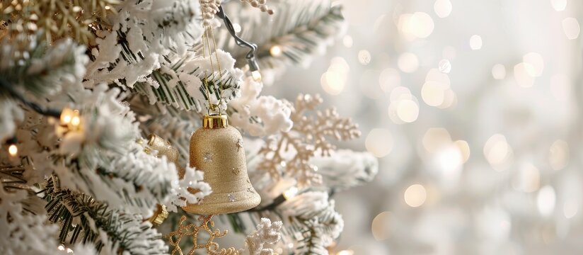 White Christmas tree adorned with a delicate golden bell ornament provides an elegant touch, creating a festive ambiance; copy space image.