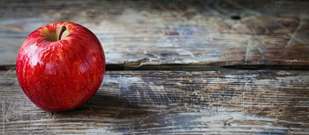 Poster Horizontal wooden background showcasing a ripe red apple with copy space image available.