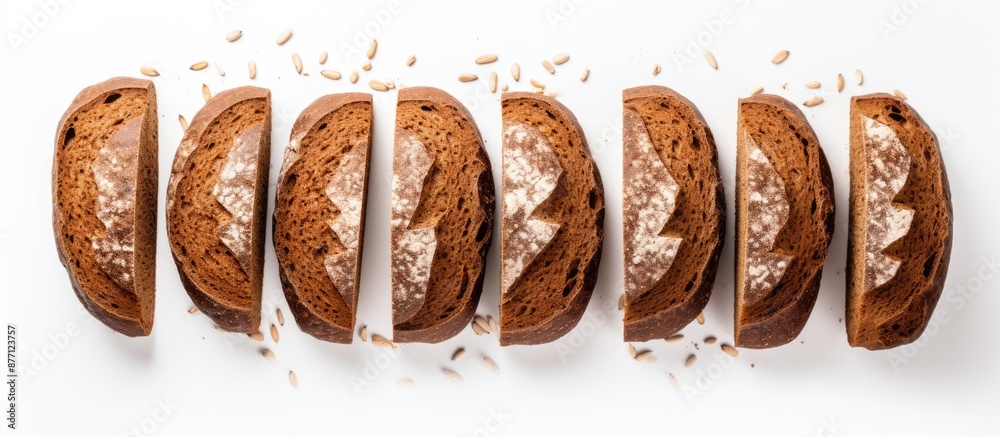 Poster Top view of freshly baked rye bread slices on a white background with copy space image.