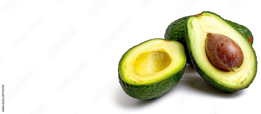 Poster Avocado on a white backdrop with copy space image.