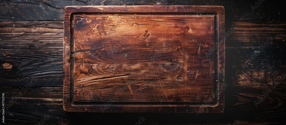 Poster a wooden cutting board is seen from above on a rustic dark wood countertop, providing a rustic backd