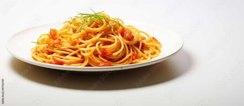 Poster Spaghetti dish highlighted against a white background with copy space image available.