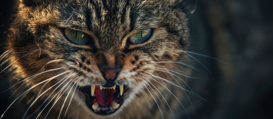 Obraz premium Close-up image of a furious cat with its mouth agape, with room for text or graphics.