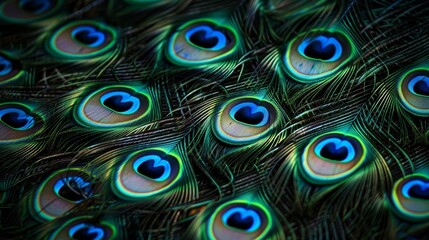 Obraz premium A tight shot of a peacock's feathers displaying a blue heart in their midst