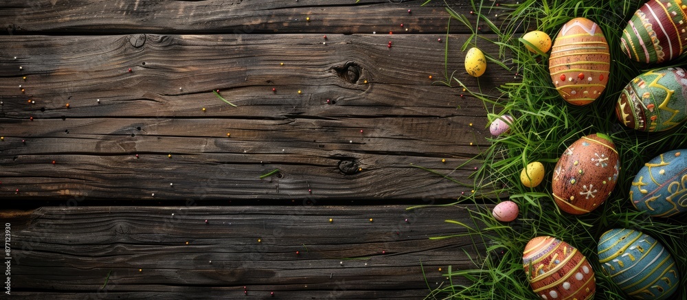 Poster wooden background with easter eggs for a copy space image.
