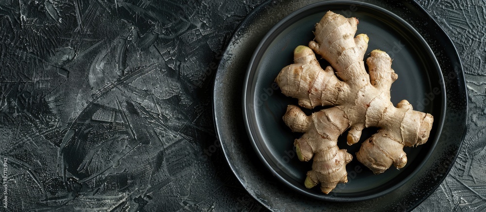 Poster a sprouted ginger root placed on a black plate with copy space image.