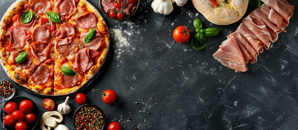 Poster italian pizza with assorted toppings like meats, veggies, and cheese for all seasons displayed on a 