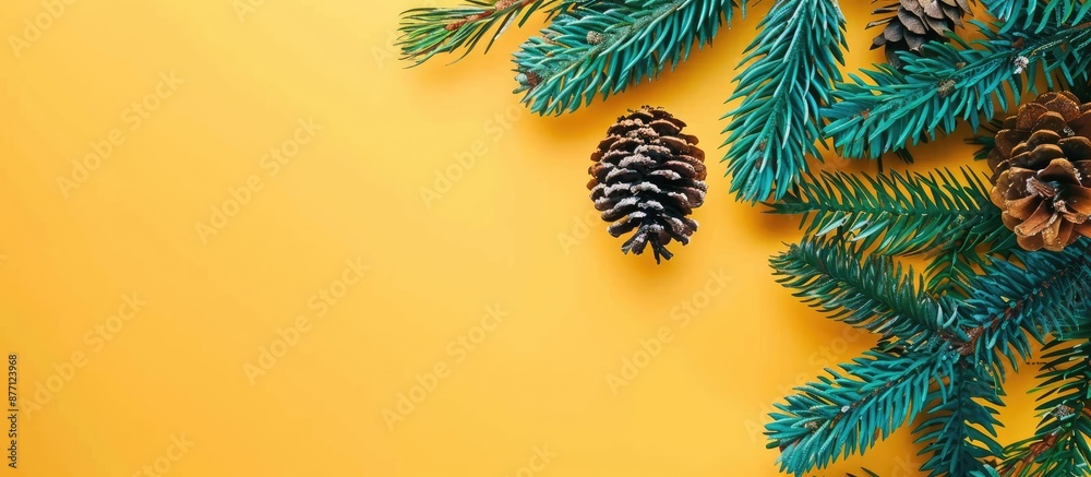 Aufkleber background for christmas holidays featuring fir branches, a pine cone, and colorful background suita