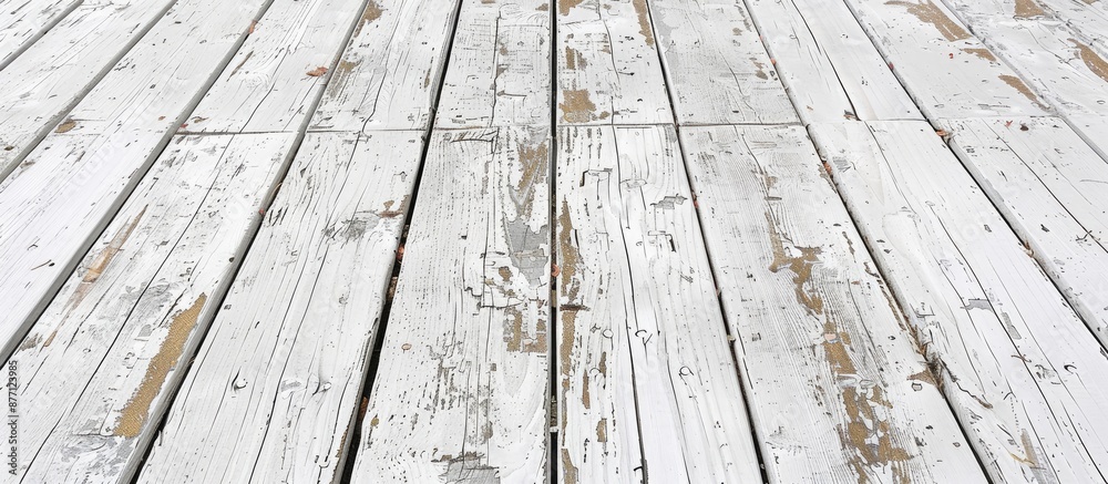Poster a white-painted wooden floor with peeling around the plank in the image with copy space.