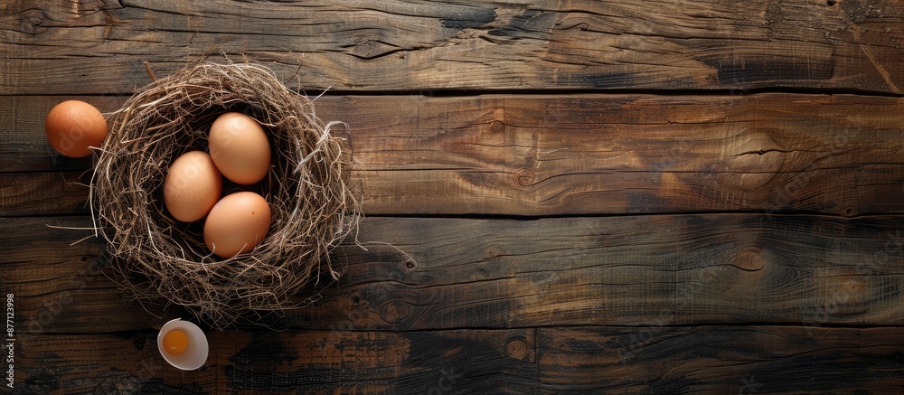 Aufkleber Fresh eggs displayed on a nest over a rustic wooden surface in a top-down view with visible empty space for text or additional elements within the composition.
