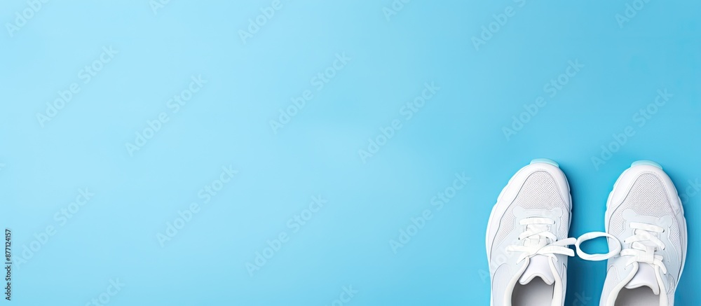 Poster top-down view on blue background showcasing a fitness concept featuring white sneakers and dumbbells