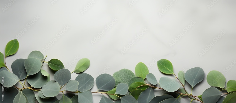 Aufkleber Eucalyptus leaves arranged on a stone surface with a frame crafted from eucalyptus branches in a top-down view, offering copy space within the composition.