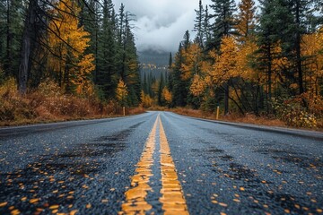 Empty road in Alberta, Canada - perfect road trip vacation during autumn with colored trees
