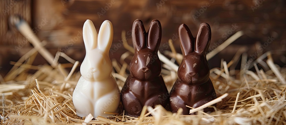Poster three chocolate bunnies (white, milk, dark) placed on hay, creating a charming display against a pla