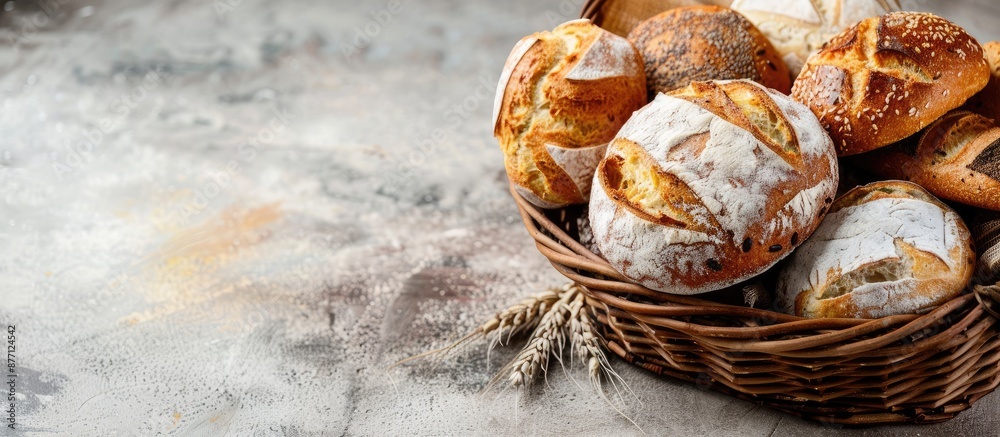 Poster Composition of various types of bread in a wicker basket with copy space image.