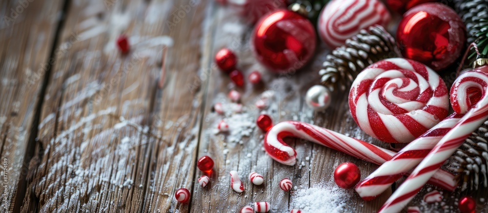 Poster Assorted candies like lollipops and candy canes displayed on a wooden backdrop with copy space image.