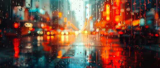 A blurry cityscape with raindrops on the window