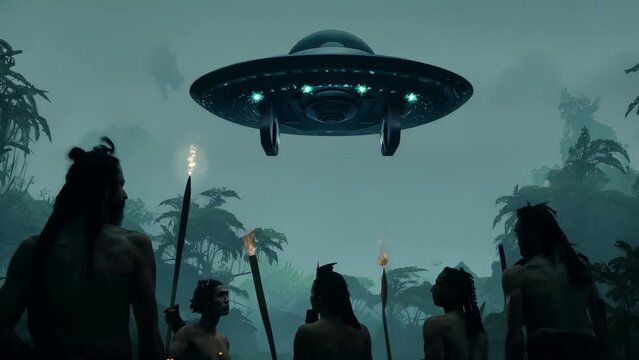 A fictional encounter between a primitive tribe's first contact with aliens. A flying saucer lands in the jungle. Great intro for videos about UFO conspiracy theories