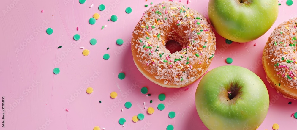 Poster close-up image of delicious donuts and a crisp green apple on a pink backdrop hinting at healthy eat