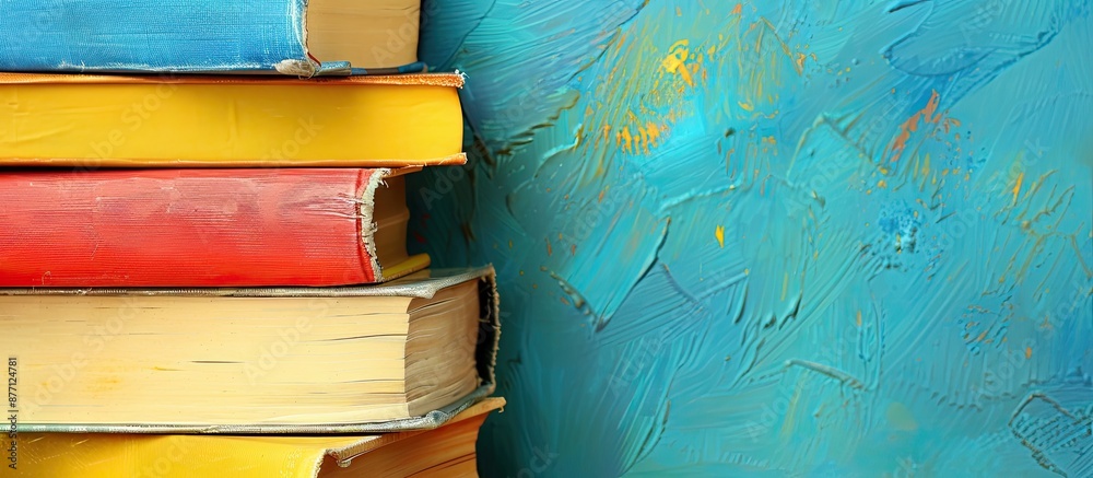 Poster Colorful stack of books against an educational backdrop with a back-to-school theme, ideal for incorporating text in the copy space image.