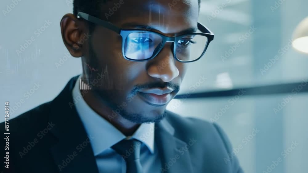 Poster a businessman in a suit and tie works on a laptop computer. a stock market chart overlay appears on 