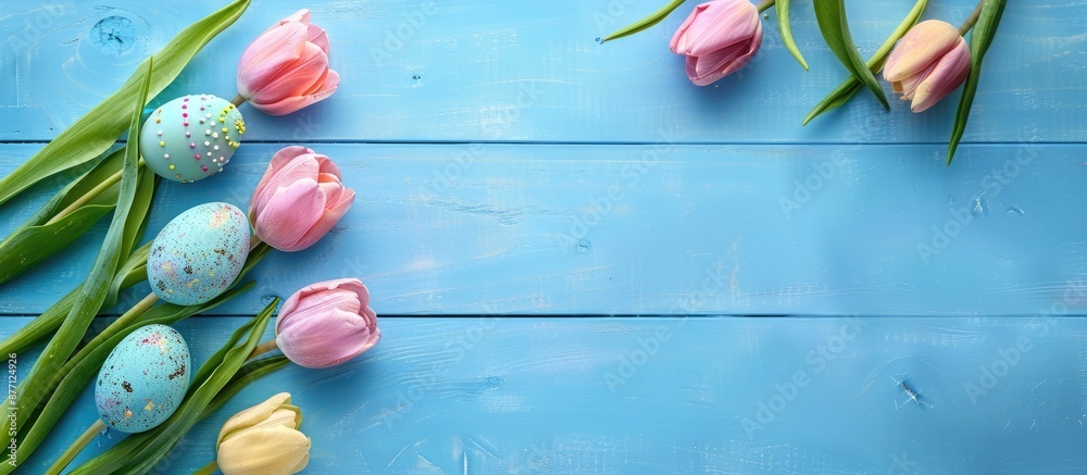 Fototapete top view of colorful pastel easter eggs with a tulip bouquet on a light blue wooden surface in a sim