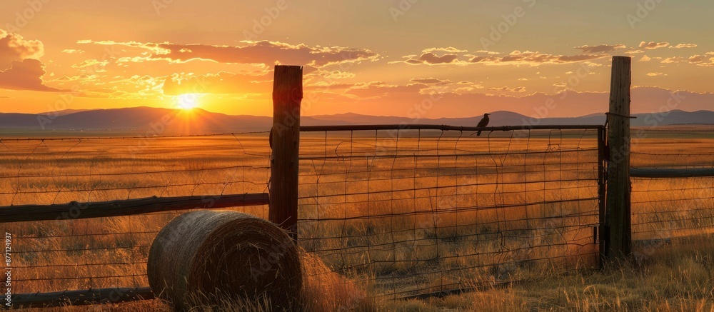 Poster sunset over a golden prairie with rolled hay field, wire fence, wooden gate, and bird on post in the