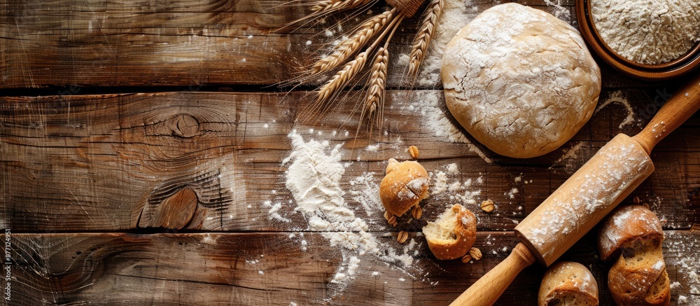Poster Wooden table features dough and rolling pin surrounded by whole grain flour, creating a rustic setting with copy space image.