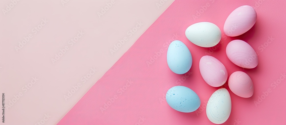 Aufkleber Easter-themed candy eggs on a soft white and pink backdrop, creating a cheerful flat lay composition with ample copy space image.
