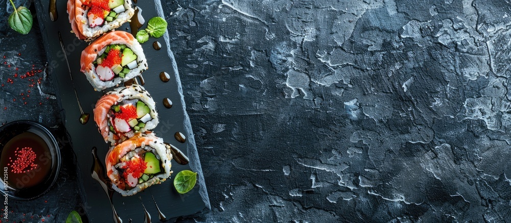 Poster uramaki sushi rolls displayed on a slate board with copy space image.