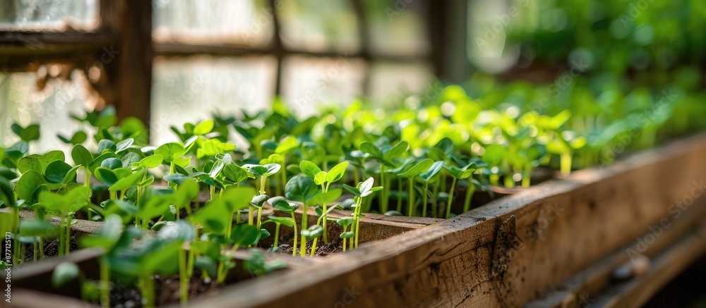 Poster gardening with a farmer's box filled with summer flower seedlings growing inside a greenhouse, provi