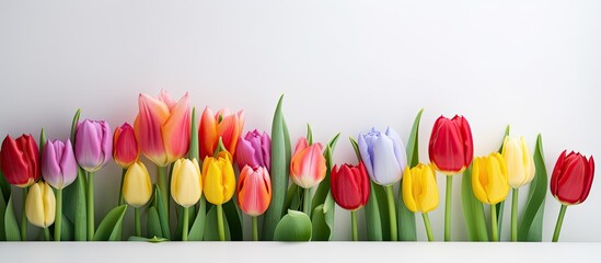 Various colored tulips set against a white backdrop, providing ample copy space image.