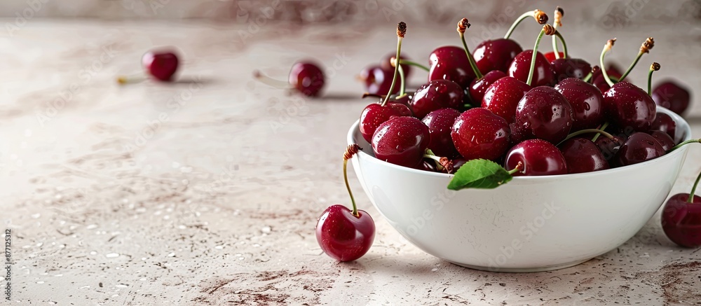 Aufkleber a white bowl filled with deep red sweet cherries is placed on a white stone table, with a side view 