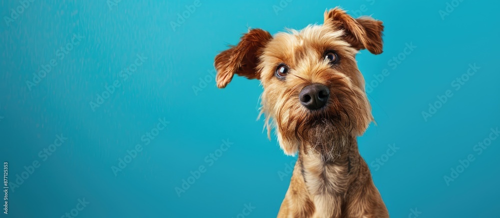 Poster a lovely dog posing in a studio with a blue background, with ample copy space for designs or text.