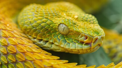 Obraz premium A tight shot of a yellow snake's head atop a verdant tree branch, surrounded by leaves