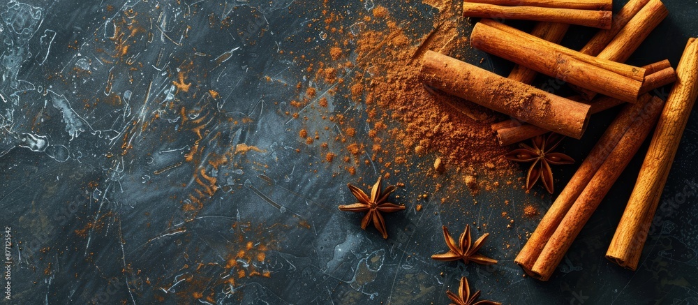 Poster Cinnamon sticks and ground powder in a setting with empty space for additional elements in the image.