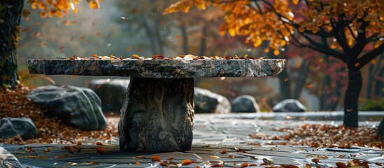 Table with stone base, perfect for autumn decor, with space for image.