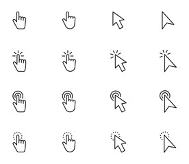 Hand pointer icons. Pointer click. Cursor arrow icon. Clicking finger. Computer mouse click. Vector illustration.