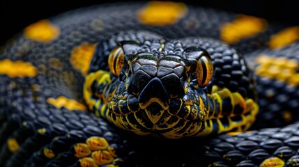 Fototapeta premium A tight shot of a snake's head adorned with yellow and black spots