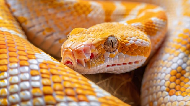  A tight shot of a yellow-and-white snake with a coin atop its head and open mouth