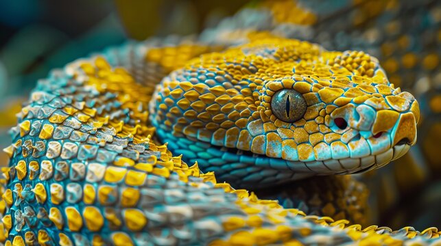  A tight shot of a snake's head featuring a blue-and-yellow patterned body