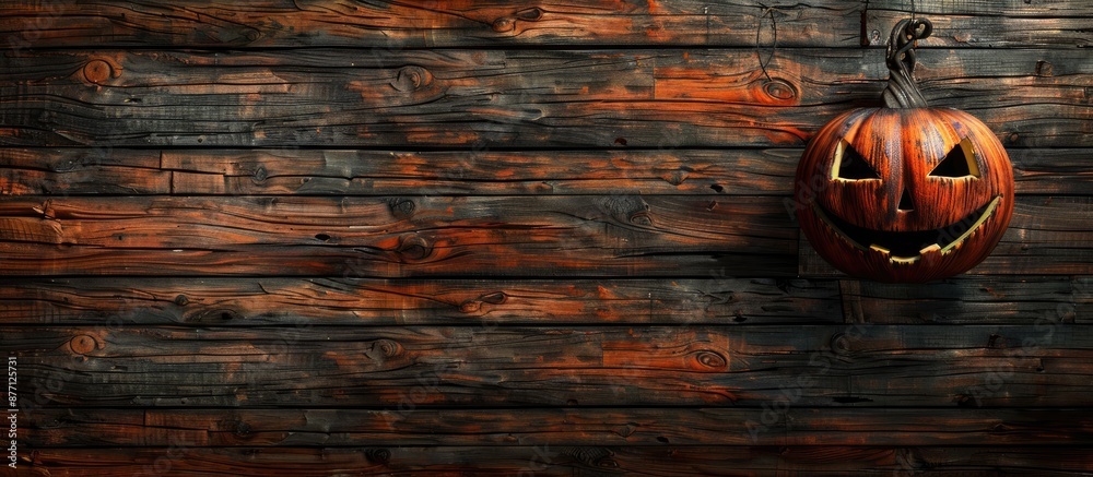 Poster Wooden background displaying a pumpkin head with a suitable area for additional image or text.