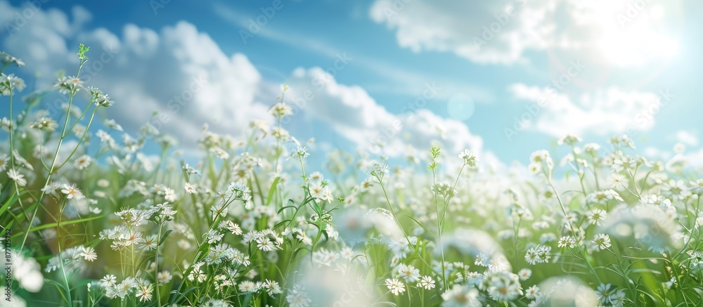 Poster a bright sunny day backdrop showcases delicate white meadow flowers, creating a serene landscape wit